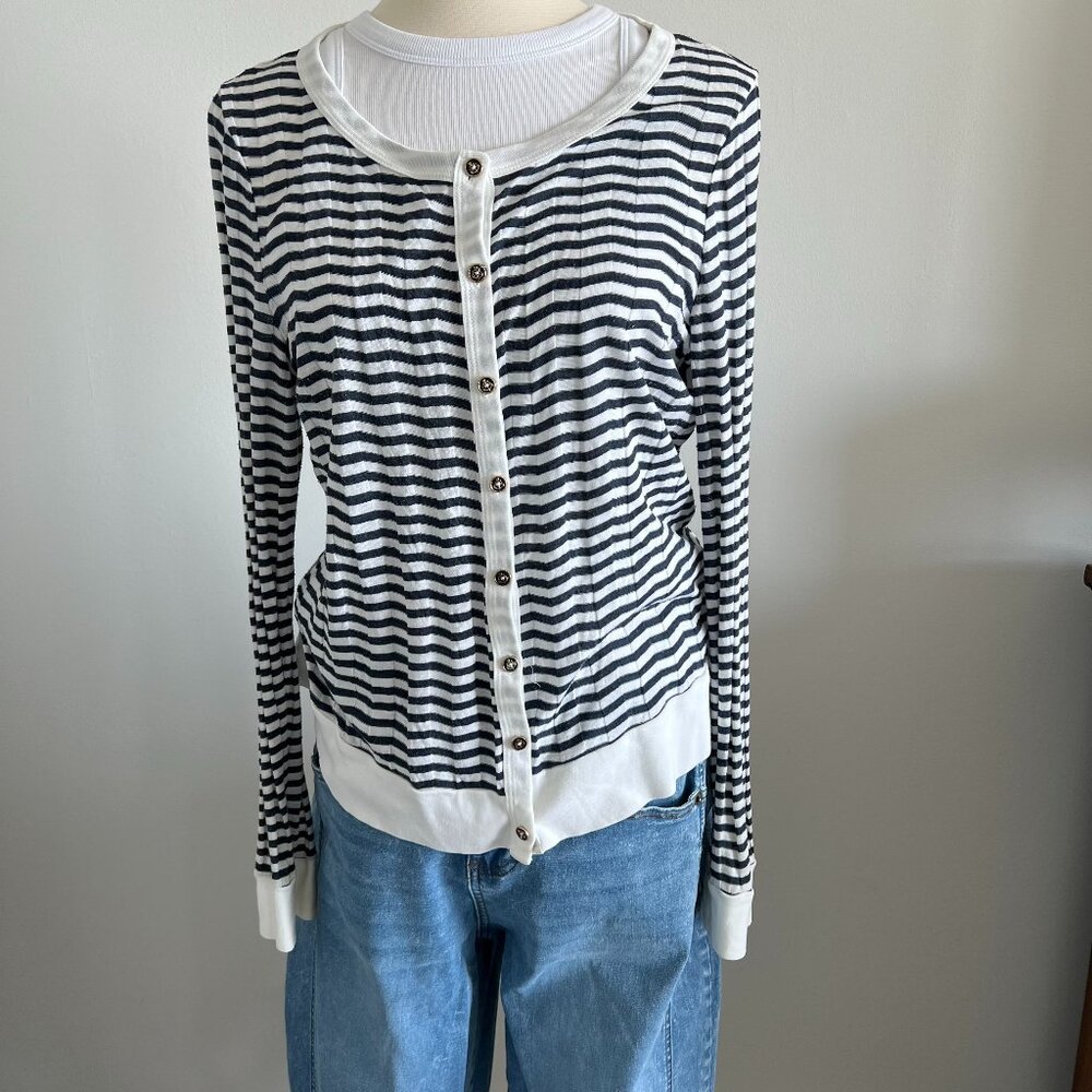 Lightweight Striped Cardigan three dots made in USA Navy and White size Large